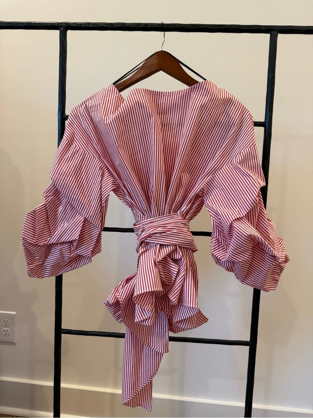Zara Red and White Striped Wrap Blouse with Voluminous Puff Sleeves